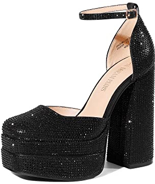 DREAM PAIRS Women’s High Chunky Platform Closed Toe Block Heels Square Toe Ankle Strap Dress Wedding Party Pumps Shoes Aurelia,Size 8,Black-Rhinestone,SDPU2319W-1