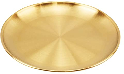 Vusddy Plateau doré en acier inoxydable - Présentoir en métal - Assiette décorative pour bijoux, thé, vases, table d'entrée (14 cm)