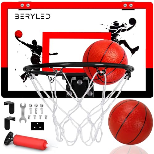 BERYLED Mini Canasta Baloncesto Interior y Exterior, Juego Infantil Completo con 2 Pelotas, Tablero con Montaje en Puerta o Pared para Niños Niñas y Adultos (Rojo)