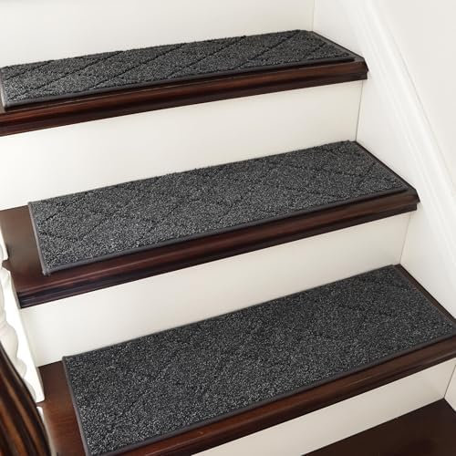 COSY HOMEER Full Edge Wrapping Stair Treads,70x22 CM Non-Slip Carpet Mat for Indoor Stairs, Single Color Polyester Stair Tread Runners Pads for Wooden Steps, Friendly to Kids Pets Elders(4pc, Black)