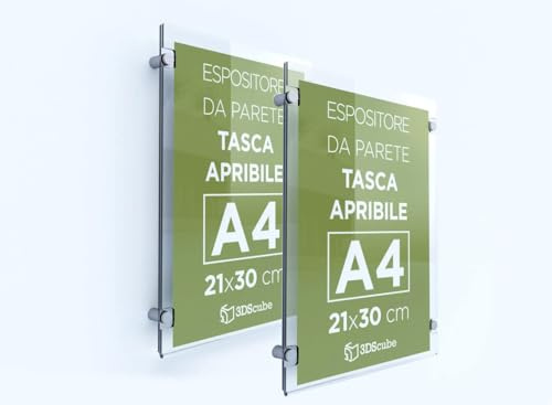 N.2 PEZZI Targa in plexiglass da parete a tasca apribile, porta avvisi e depliant formato A4 verticale 21×30 cm, completa di distanziali in alluminio (2 pezzi)
