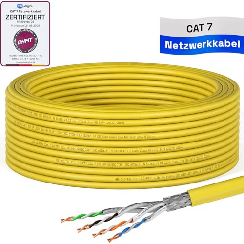 HB-DIGITAL 15m CAT 7 Netzwerkkabel LAN Kabel Verlegekabel Ethernet Installationskabel 10 Gbit/s AWG23 S/FTP - GHMT Zertifiziert - reines Kupfer LSZH BauPVO Klasse Cca Datenkabel Simplex - Gelb