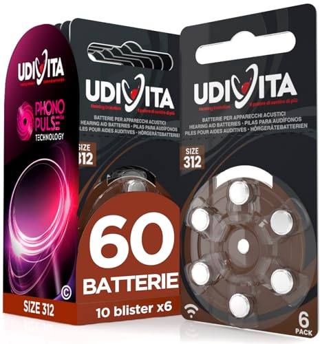 60 Batterie Per Apparecchi Acustici Udivita Misura 312 Tecnologia Phono Pulse - 10 Blister da 6 Pile