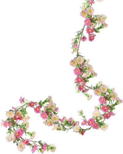 YISZCXIAK Künstliche Blumen Kunstblumen Wie Echt Gänseblümchen Blumengirlande Rosa Seidenblumen Girlande Deko Hängend Vines Plastikblumen Flowers Garland für Hochzeit Garten Wand Deko 2pcs