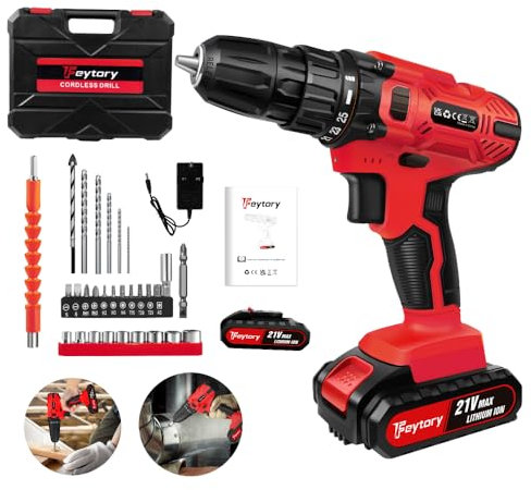 Cordless Drill Driver 21V,Cordless Drill Power Tool Electric Screwdriver,25+1 Torque,2 Speed,LED Light,29 Accessories,Cordless Combi Drill Kit for Home and Garden DIY, (1 Battery)-Red