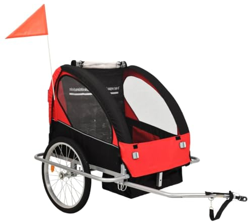AUVYI Rimorchio per bicicletta per bambini, con funzione jogging 2 in 1, con cintura di sicurezza a 5 punti, adatto per 1-2 bambini, resistente e durevole, nero e rosso, 113 x 85 x 105 cm