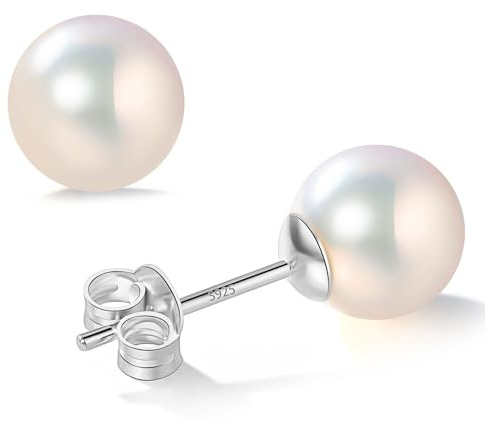 YAMI Akoya perle bianche tondo orecchini, argento 925, 8-8,5 mm, design classico ed elegante, grande per regali di anniversario