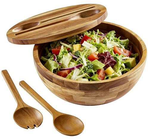 ECWAY Acacia Wooden Salad Bowl with Lid, Built-in Acacia Wood Utensils, 10.5 Large Wood Serving Bowls for Fruits, Salad, and Vegetables, Big Wood Salad Bowls Set 4-Piece, All-in-One Design