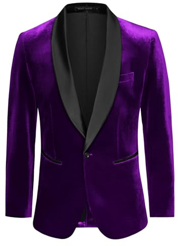 GRACE KARIN Blazers för män sammet sjal krage en knapp smal passform kostym jacka för bröllop bal fest, Lila, S