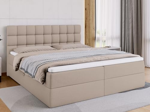 BROMARKT Boxspringbett mit Bettkasten Polsterbett mit Bonell-Matratze und Topper Bett für Schlafzimmer gepolstertes Kopfteil Dakota bonellfedern 180x200 Härtegrad H3 Beige