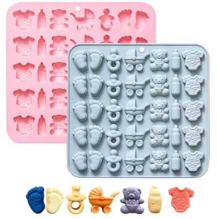 RUUKON Baby Shower Chocolate Molds, 2 Pack Baby Feet Onesies Pacifier Bottle Carriage Bear Molds for Chocolate Gummies Candy or Cakepop Cake Cupcake Decoration