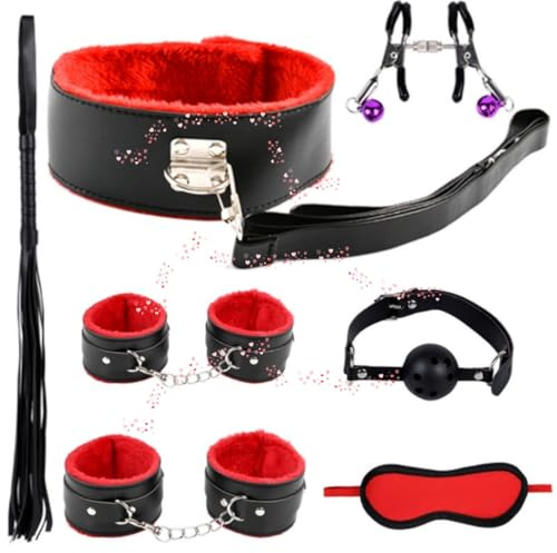 Set di Sette Pezzi di Accessori di Piacere Regolabili in Pelle Liscia Rossa, Set di Manette Sexy per La Camera da Letto