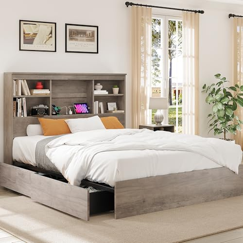 GarveeHome Queen Size Bed Frame with High Storage Bookcase Headboard, Wood Bed Frame with 4 Storage Drawers, Built in Charging Station, No Box Spring Needed, Metal Frame, Noise-Free, Grey