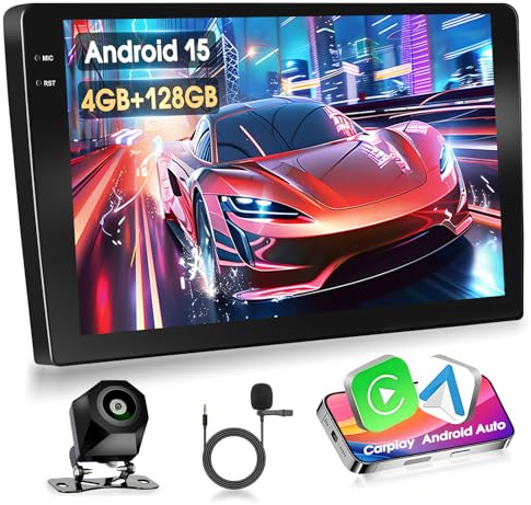 Motorsi Autoradio Android 4G+128G 9'' 1280P HD Incell Touchscreen 2 Din Autoradio Android 15 Stereo Radio, IOS Carplay, Bluetooth 5.0, GPS, WiFi, 2USB e Telecamera di Backup AHD 720P, Microfono