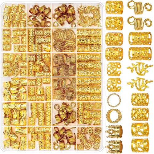 Wefaly 220 Pièces Bijoux Cheveux Tresse Doré, Bijoux de Cheveux en Métal Accessoires Pour Dreadlocks Réglables Bague Cheveux Viking Anneau Cheveux Bijoux Cheveux Doré pour Femmes Hommes
