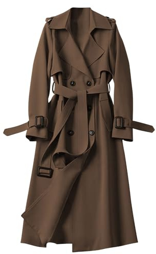 RLEHJN Trench Coats for Women Long Button Down Solid Color Longline Overcoat Lightweight Jackets Windproof Outerwear Lapel Collar Double Breasted Peacoat with Belt and Pockets S-3XL