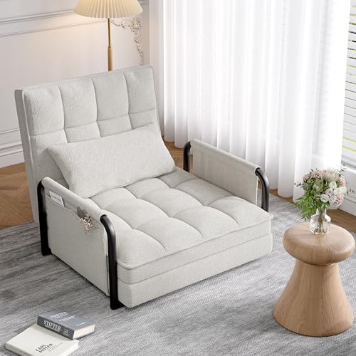 Vikbar golvsoffa, 5-i-1-golvfåtölj med sovfunktion, bäddsoffa med justerbart ryggstöd, vikbar soffa med kudde armrest, hopfällbar soffa 82 cm bred, för vardagsrum sovrum (beige)