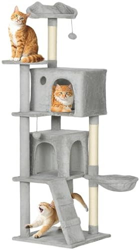 PawHut Kratzbaum, 160 cm hoch Katzenbaum mit 2 Höhlen, Korb, Hängematte, 2 Bällen, Katzenbett mit Katzenmuster, Katzenkratzbaum mit Sisal-Stämmen, Plüsch, für 1-3 Katzen unter 5 kg, Hellgrau