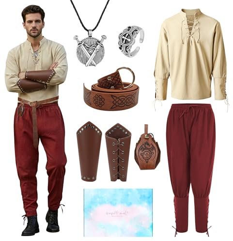 Costume Medieval Homme, Costume Renaissance avec Chemise Pantalon de Pirate