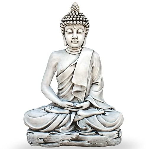 Garden Pley – Buda Grande Sereno 73 cm (Ceniza). Budas Grandes de Jardin Zen en Piedra Artificial para Decoracion Jardin Exterior. Figuras y Budas Decorativos. Estatuas Decorativas Feng Shui.