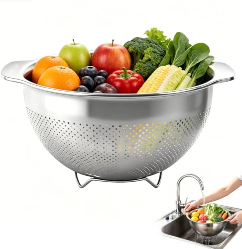 RANJIMA Kitchen Sieb Edelstah, 25cm Mikroperforiertes Seiher Küchensieb, Nudelsieb Mit Griffen, Rostfrei & Hochglanzpoliert, Spülmaschinenfest, für Gemüse/Obst/Nudeln/Lebensmittelzubereitung