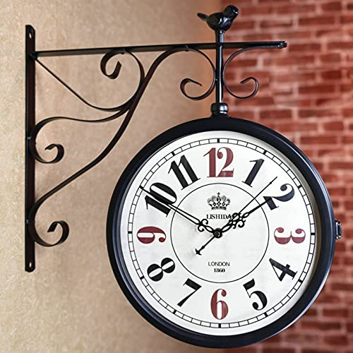 Orologio da Parete a Doppia Faccia da Esterno - Stile Vintage da Stazione Ferroviaria in Ferro Battuto con Staffa per Giardino