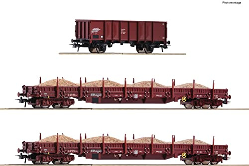 Roco 77041 H0 Set di 3 carri merci treno sabbiato della DR Due camion piatti genere Res, carro merci aperto Ga