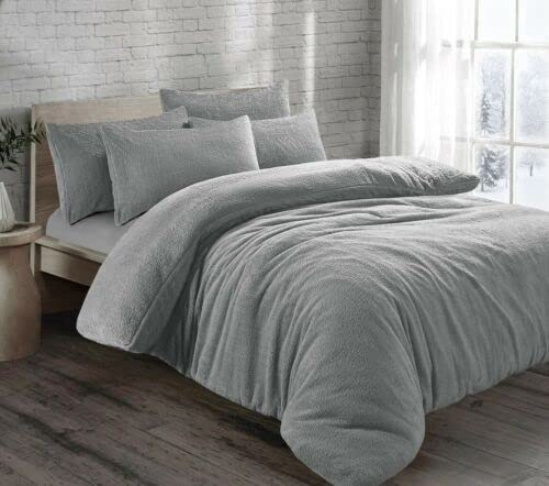 Dazzle Collection Teddy Fleece Duvet Cover with Pillow Case Set Quilt Cover Soft | Cozy | Warm Thermal Bedding Teddy Bear Duvet Cover (Silver, Double)