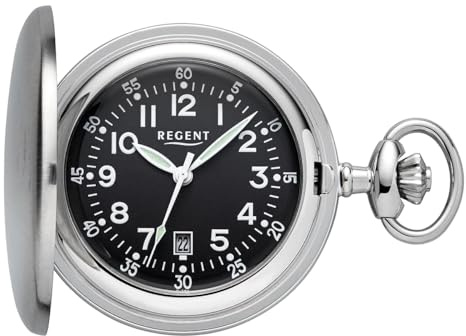 REGENT Orologio da tasca da uomo Savonnette con coperchio in acciaio inox, diametro 48 mm, data al quarzo, in diverse varianti, P-752 - quadrante argento/nero, Classico