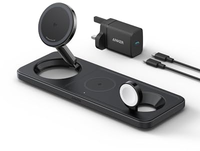 Anker MagGo Foldable 3-in-1 Wireless Charging Station, MagSafe Charger Compatible, Qi2 Certified 15W Ultra-Fast Charger, For iPhone 16 Series, AirPods, Apple Watch Ultra (Charger and Cable Included)