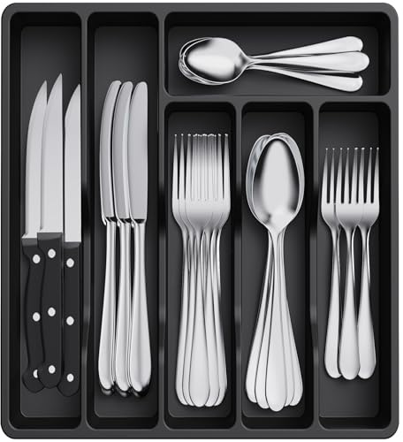 Lifewit Organizador de Cubiertos, Bandeja Cubiertos Cajon Cubertero para Cajón para Menaje, Cocina Organizador de Cubertería Compacto para Cucharas Tenedores, 6 Compartimentos, Negro