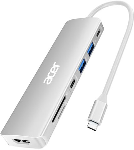 Acer Hub USB C 7 in 1, USB C Adattatore con 4K HDMI, 2 USB-A 3.0 5Gbps, PD 100W, Lettore Schede SD/TF, Sdoppiatore Multi USB per Computer/MacBook Pro Air/iPad/iPhone 15/Surface/Steam Deck (Argento)