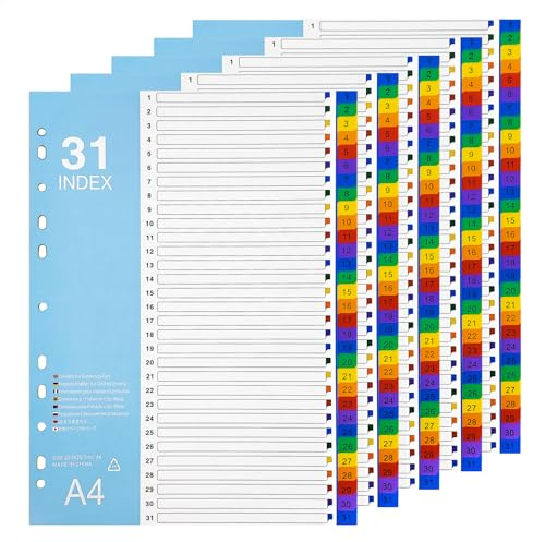 GUOKOFF Ordner Register A4, 5 Stück 1-31 Register, 31-teilige Register Farbig, Papier Trennblätter für Ordner, Ringbücher