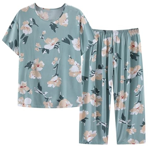 SHINROAD Tre quarti Pantaloni Pigiama Elastico In Vita Set 2 Pz/set Donne di mezza età Pigiama O Collo Stampa Fiore Manica Corta Pieghettato Allentato Sottile, Verde chiaro, XXX-Large