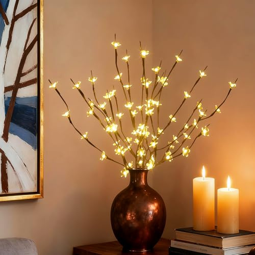 AMARS 3 Pack Electric LED Lighted Tree Branches Holiday Lights with Cherry Blossoms Flowers, USB Plug in, 60 LEDs Room Decor Night Lights, Decorative Sticks for Vase Bedroom Home Party