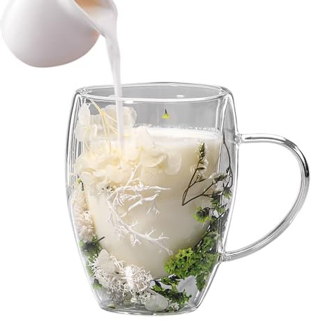 Verre à double paroi en verre à fleurs séchées, tasses à café à double paroi, tasses à thé en verre à fleurs séchées, tasses en verre avec poignée, tasses à café anti-brûlure pour thé, café vert 350