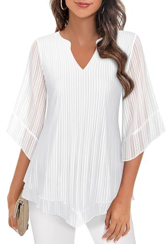 Ladies Tops Dressy Blouses for Women UK Charming Top for Womens uk Elegant Evening Party Tops for Women V Neck 3/4 Sleeve Chiffon Blouse for Womens Dressy Casual Plus Size Top for Fall Trendy