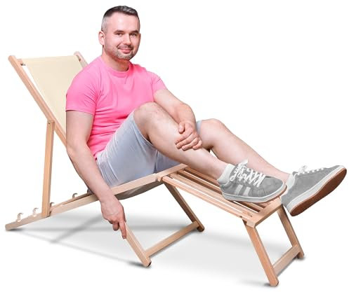 DreamRoots Liegestuhl klappbar Holz mit fußteil bis zu 130 kg belastbar, 3-Fach verstellbare Rückenlehne, waschbarer Polyesterbezug