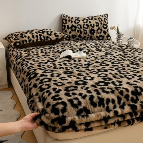 Spannbettlaken mit Tiefer Tasche im Leopardenmuster, Spannbettlaken aus Samt, Matratzenschoner, warmes, flauschiges Unterlaken, bedruckter Stoff, Bettlaken für Kingsize-Betten(Khaki,150X200cm)