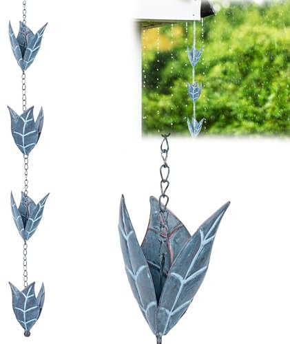 Mocoli 2.6m Chaîne De Pluie, Chaîne De Pluie pour Gouttière Chaîne Drainage Chaîne De Pluie pour Gouttières Chaînes De Pluie en Forme De Feuille Bleue en Fer Décoration De Patio Et De Maison