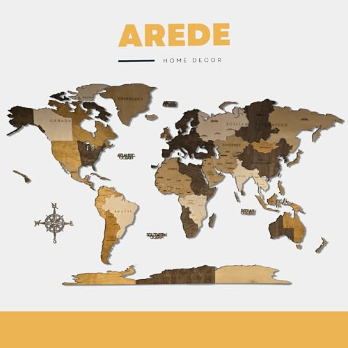 AREDE - Mappa del Mondo in Legno 3D da Parete -180 x 110 cm - Decorazione Murale Moderna per Soggiorno, Ufficio, Camera da Letto - Idea Regalo Originale - Design Elegante con Dettagli Precisi