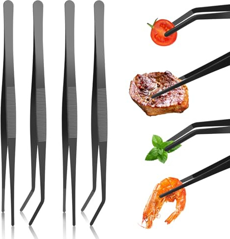 4 Piezas 304 Acero Inoxidable Pinzas de Cocina Profesionales，Pinzas Chef, Pinzas Cocina Acero Inoxidable de Precision para Emplatar，Utensilios de Cocina Adecuado para Cocinero, Barbacoa, Servir