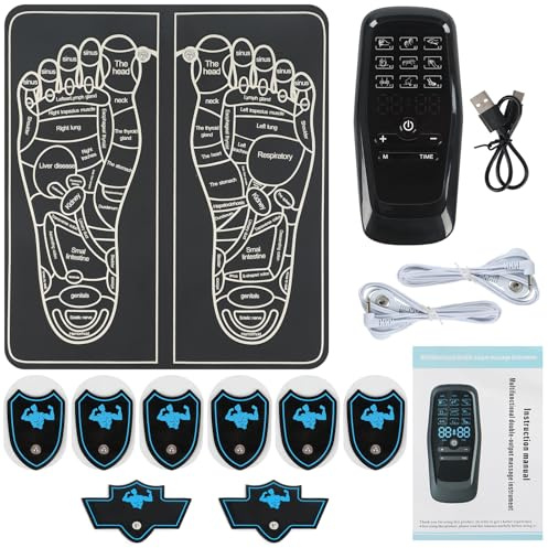 EMS fotmassageapparat, vikbar bärbar elektrisk sjukgymnastikinstrument, 9 lägen 30 intensitetsnivåer, typ C fothälsomassagerare, främjar blodcirkulationen med 6+2 TENS elektrodkuddar (A)