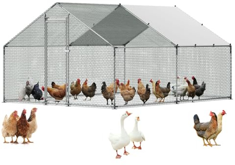 VEVOR Pollaio in Metallo Recinto Pollaio con Copertura Dimensioni Telo 1,91 x 3,43 m Tetto a Guglia Serratura di Sicurezza, Gabbia per Conigli Anatre all'Aperto Pollame per Cortile, Fattoria, Cortile