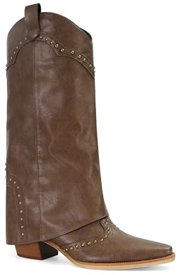 MAIJED Women's Shark Boots Studded Fold Over Mid Calf Chunky Heel Boots Cowboy Cowgirl Slouchy Pull On Boots Brown Size US9.5