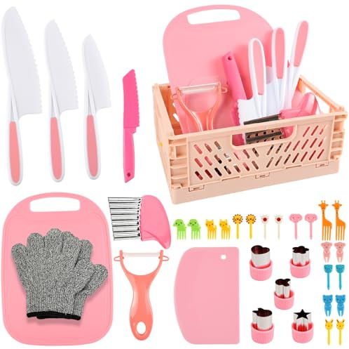 HOTUT 35 piezas Juego de Cuchillos Cocina para Niños, Utensilios Cocina Montessori para Cortar y Cocinar Frutas o Verduras, Incluye Tabla de Cortar, Pelador, Cuchillo Aprendizaje Niños