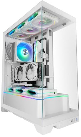 Mars Gaming MC- Prisma, Caja Gaming ATX, Triple Cristal Templado Continuo Sin Marcos, Iluminación ARGB Lateral y Frontal, Diseño de Doble Cámara, Soporte de Refrigeración Líquida hasta 360mm, Blanco
