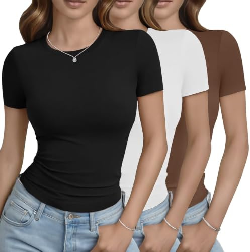 TNNZEET 3 Pack Women’s Crew Neck Basic T Shirts Crop Top Short Sleeve Tee | Y2K Ladies going out clothing, Summer outfits for gym, Capsule wardrobe for women UK, Multiple colors, Fashion fitted T-shirt