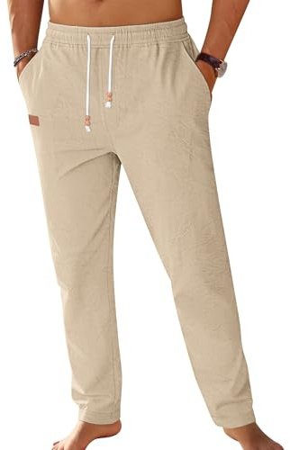 TARAINYA Cotone-Lino Pantaloni Uomo Estivi con Cordino in Vita e Tasche