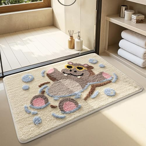 Justup Matta, vardagsrum, tecknad hippo, golvmatta, mjuk, halkfri, badmatta med hög hygroskopicitet, badrumsmatta dörrmatta matta för badrum, vardagsrum, toalett 50 x 80 cm (flodhäst)